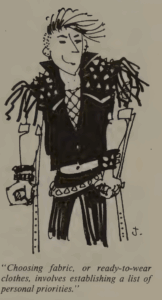 ink and pen illustration of person in punk rock gear and a mohawk, with forearm crutches