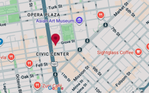 map showing 165 grove street, at intersection of Grove and Van Ness, close to Civic Center BART or the Van Ness Muni train stop