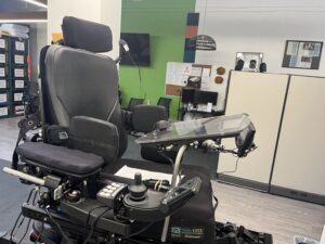 overall view of a powerchair with andrei's joystick installed for testing