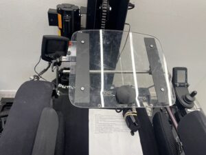 close up of the clear acrylic swing away tray and center mounted mini joystick