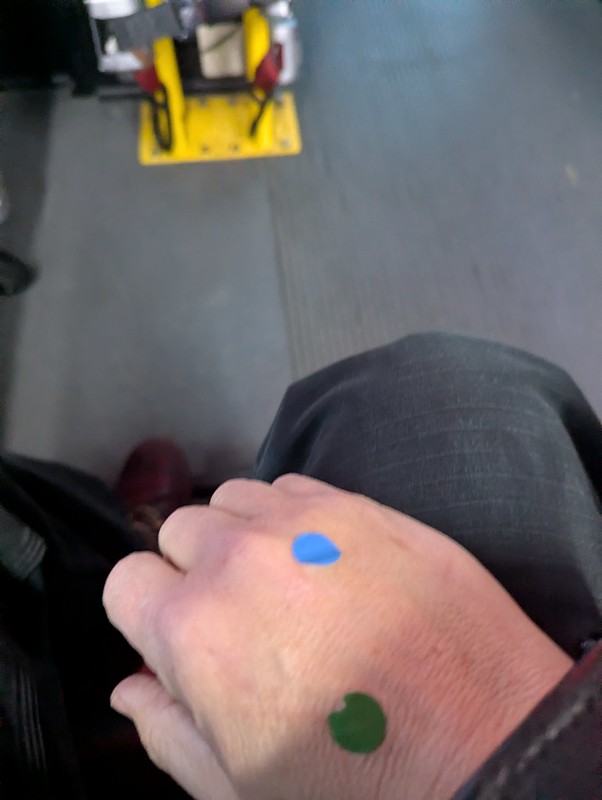 colorful dot stickers on liz's hand