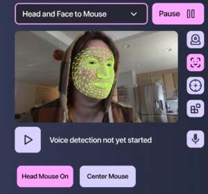 A screenshot of an assistive software interface set to "Head and Face to Mouse". The central webcam feed shows a user with a bright green AI facial tracking mesh overlaid on their face. The UI includes active buttons for "Head Mouse On" and "Center Mouse".