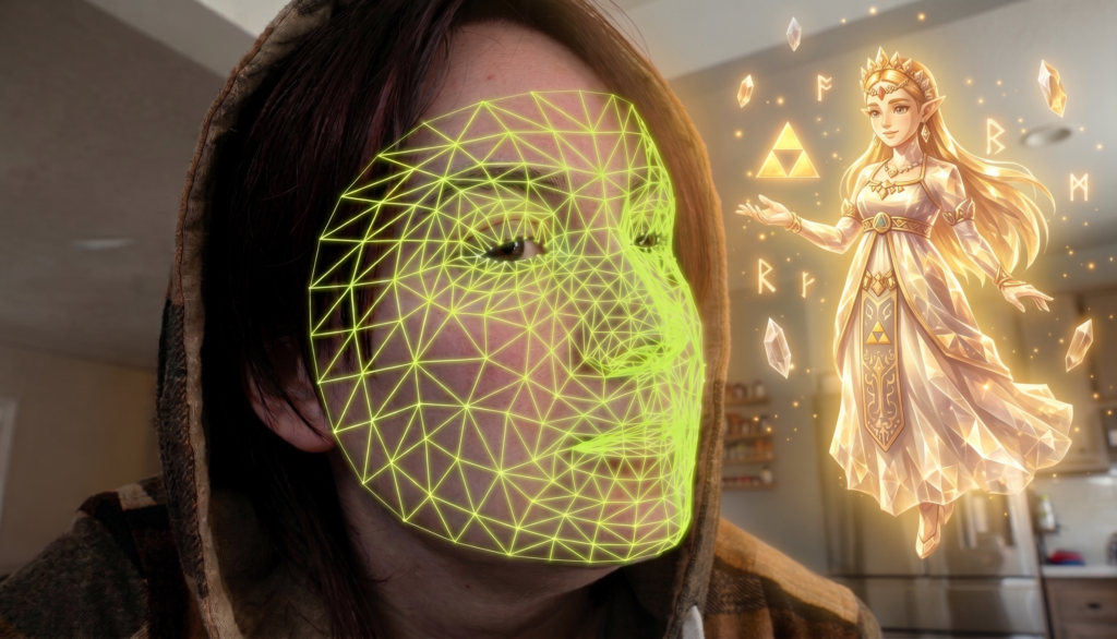 Close-up of a person with a bright green digital AI tracking mesh overlaid on their face. They are looking at a glowing, floating holographic illustration of a fantasy princess character surrounded by magical crystals. The background is a blurred room.