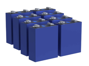 Blue LiFePO4 prismatic battery cells arranged in a multi-cell battery pack configuration
