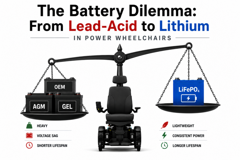 Minimalist infographic comparing AGM, GEL, OEM, and LiFePO4 wheelchair batteries using a balance scale and a power wheelchair