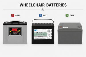 Comparison chart showing AGM, GEL, and OEM wheelchair batteries on a clean white background