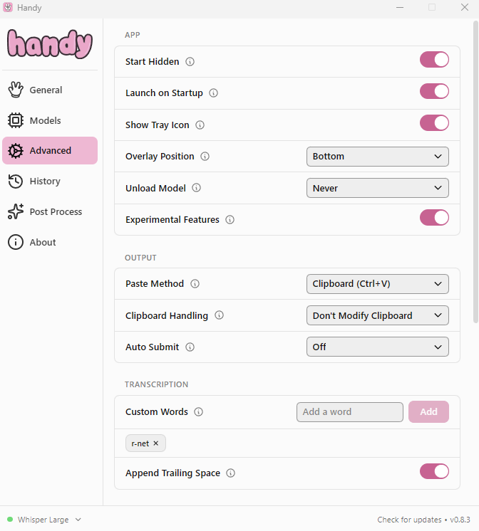 Handy Advanced settings