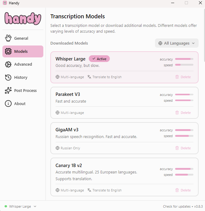Handy Transcription Models screen