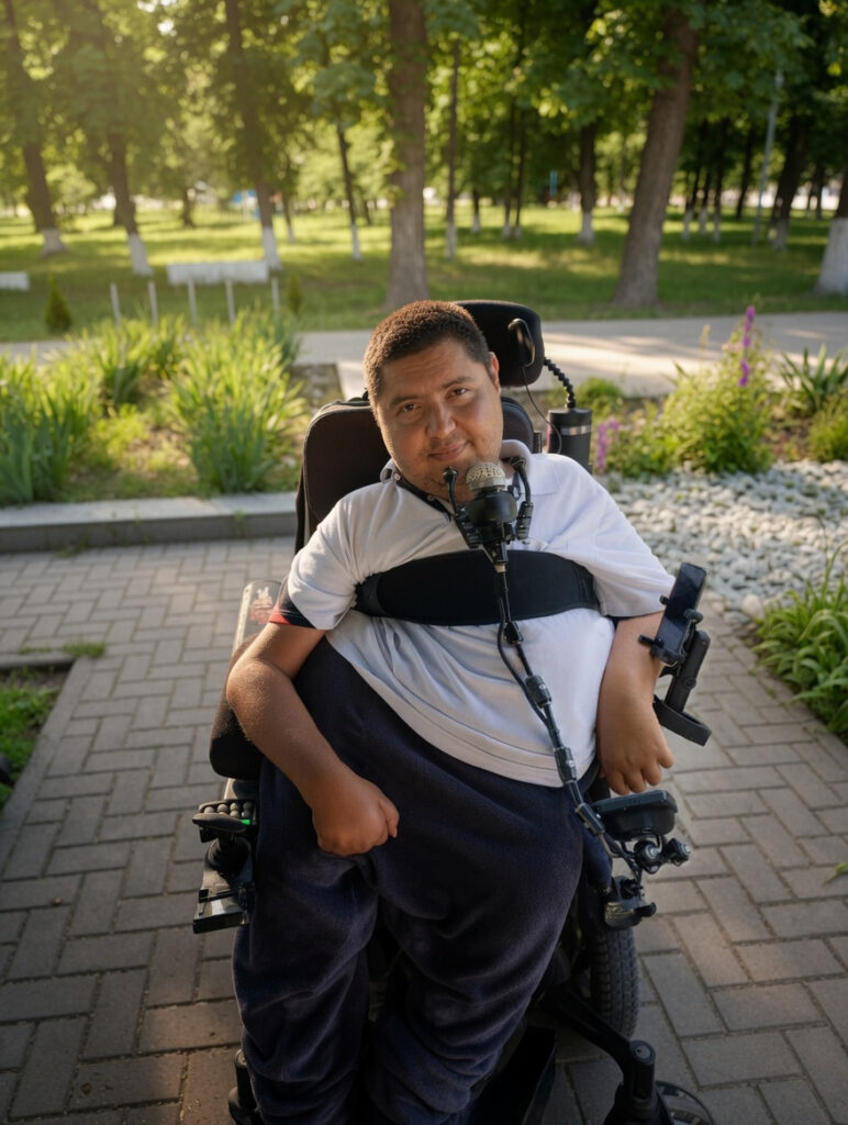 Andrei Cebotari in a power wheelchair with chin control, outdoors in a park on a sunny day