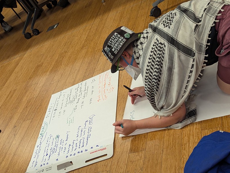 a person in a hat and palestinian scarf, on the floor writing out the schedule on a large sheet