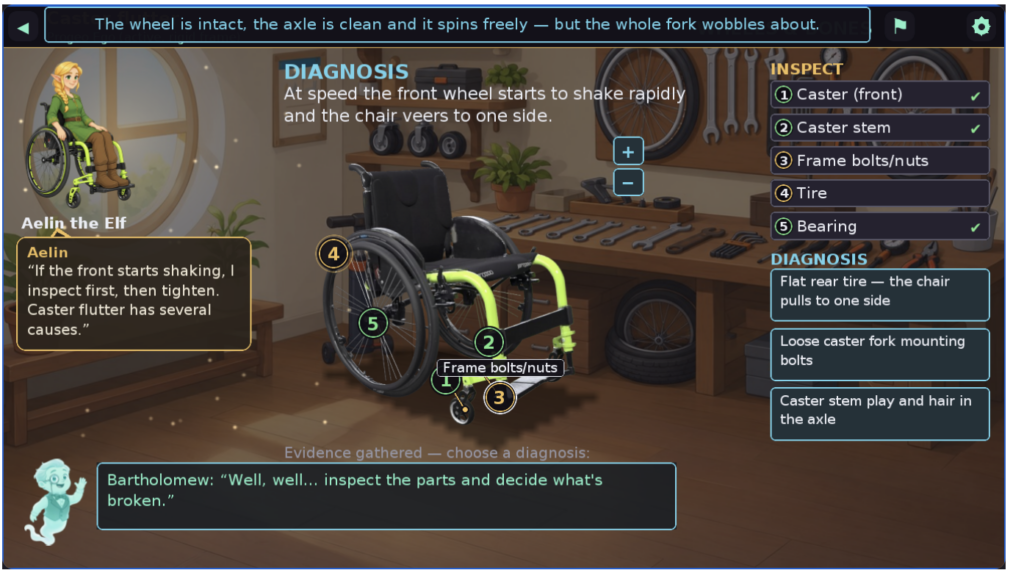 screenshot from the game showing a manual chair, tools, and diagnosis information