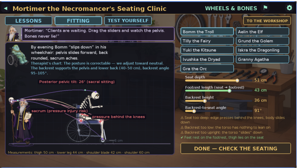 screenshot from the game showing a troll in side view and his skeleton structure, slumped in an improperly set up wheelchair